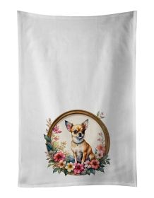 Chihuahua and Flowers Kitchen Towel Set of 2 White Dish Towels Decorative Bathroom Hand towel for Hand, Face, Hair, Yoga, Tea, Dishcloth, 19 X 28"